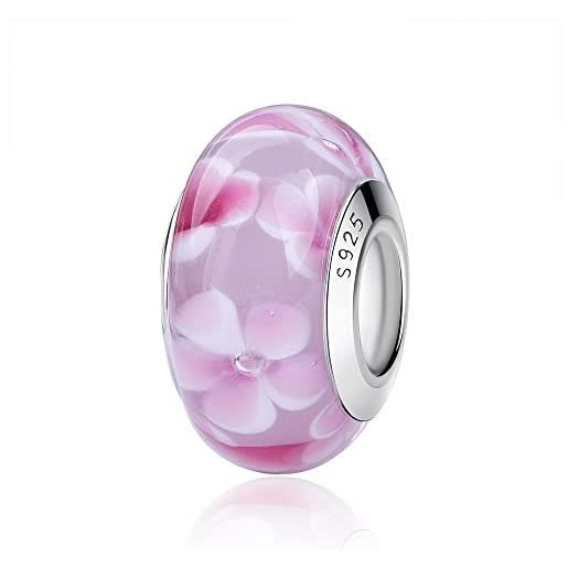 Nbsameng charm glitter in vetro di murano, ciondolo per braccialetti e catenine per donna, ciondoli in argento 925% , pink