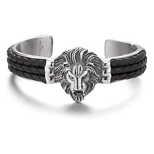 iMETACLII leone testa braccialetto intarsiato con nero pelle intrecciata, bracciale da uomo, acciaio