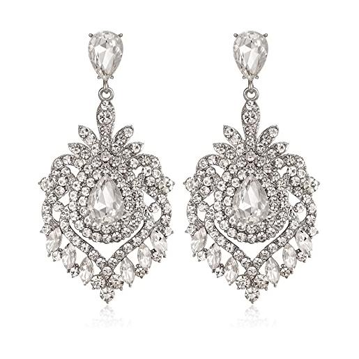 EVER FAITH bridal crystals earrings per il matrimonio, orecchini pendenti con strass floreali trasparenti, orecchini pendenti a forma di lampadario, fondo argento