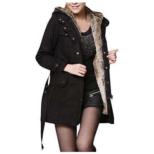 Generico cappotto foderato da donna giacca invernale da donna calda e lunga con cappuccio giaccone (black, l)