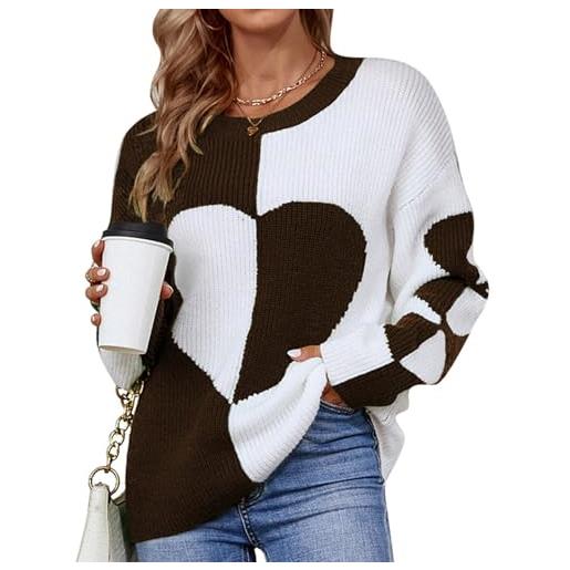 DAUZ maglione girocollo da donna, pullover ampio maglione lavorato a maglia modello a cuore color block manica lunga traspirante per donna per l'inverno (l)