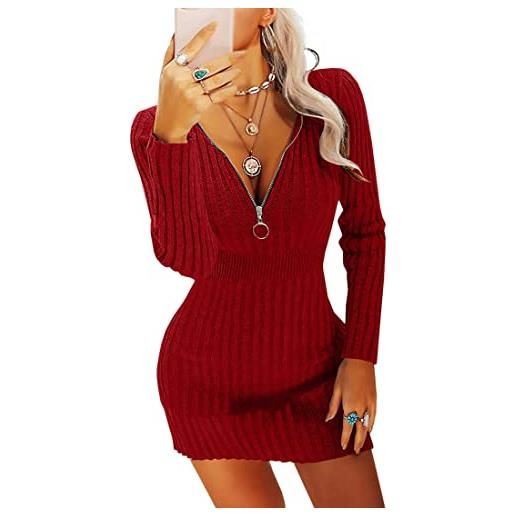 Ebifin abito da donna in maglia autunnale, elegante, con scollo a v, chiusura lampo, abito invernale sexy, lunghezza al ginocchio. , colore: rosso, s