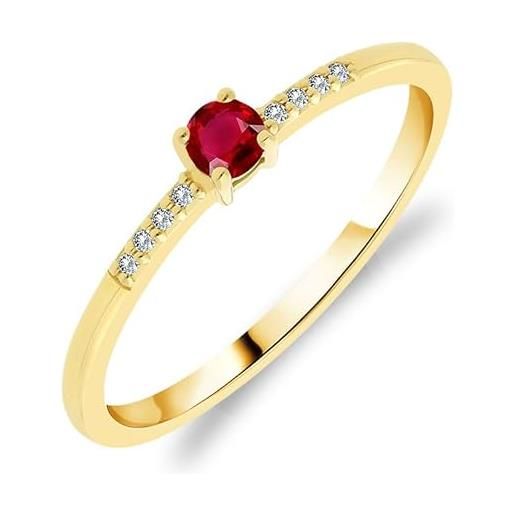 Planetys anello solitario da donna in oro giallo 375/1000 con rubini naturali e diamanti, 18, metallo, rubino