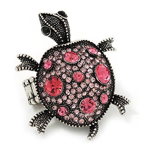 Avalaya anello flessibile a forma di tartaruga con cristallo rosa, 55 mm, colore: argento invecchiato, taglia 7/9, argento