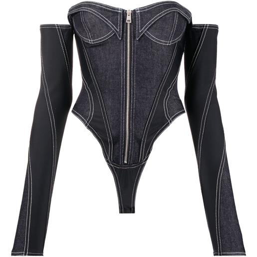 Mugler body denim con design a corsetto - blu