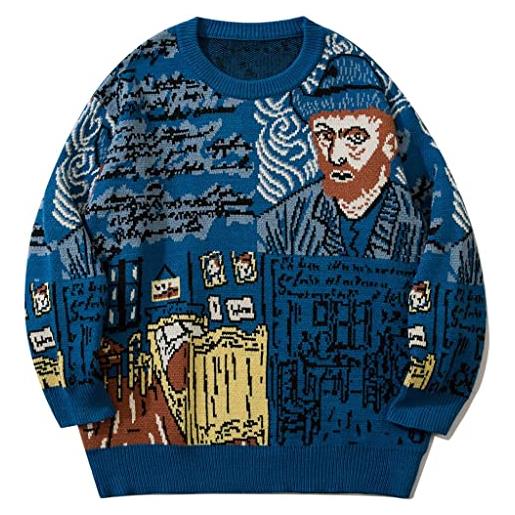 LILILEIDY maglione da uomo a maniche lunghe van gogh, stile casual, oversize, lavorato a maglia, blu, l