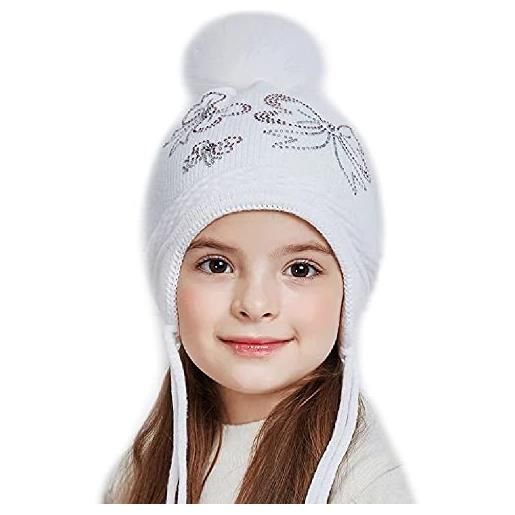 Brillabenny cappello berretto bambina bambino semplice o con cristalli strass 2-6 anni pon pon pelliccia vera hat luxury (bianco strass)