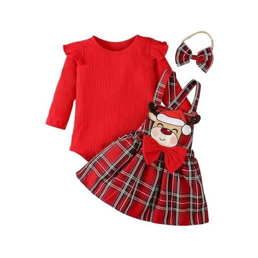 Generic 3 pezzi completo pagliaccetto girocollo a manica lunga a stampa alce gonna scozzese per invernale tuta vestitino natale neonata elegante principessa rosso vestito