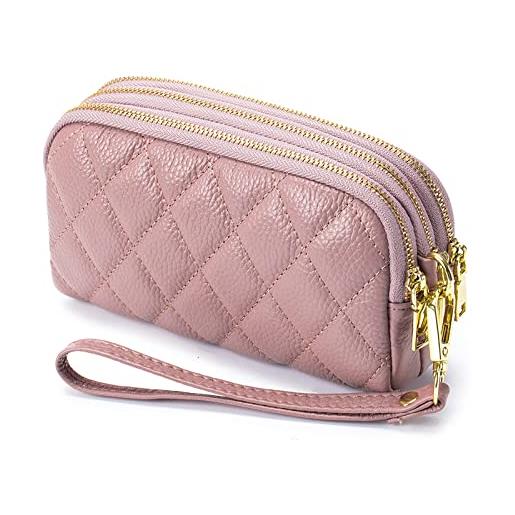 PORRASSO pelle portamonete portatile astuccio portachiavi multifunzione clutch wristlet bag coin purse impermeabile key bag per uomo donna rosa