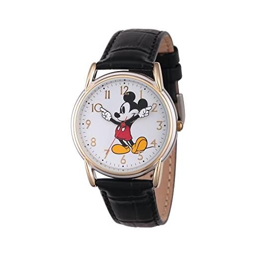 Disney mickey mouse cardiff - orologio analogico al quarzo con lancette articolate, per adulti, con cinturino in pelle, nero, cinturino