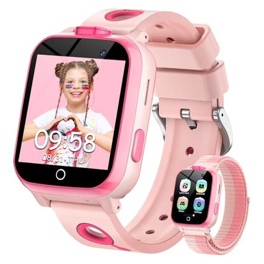 PIULAXIU smartwatch bambini - 26 giochi, chiamata sos, smartwatch per bambina con audiolibri, 13 sveglie abituali, apprendimento delle parole, musica, modalità scuola, contapassi, regalo di natale, rosa