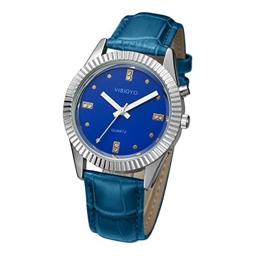 VISIONU orologio da polso parlante tedesco con funzione sveglia, ora e data, quadrante blu tgsbl-30, cinturino in pelle blu tgsbl-3005