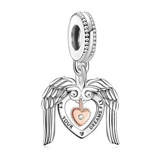 Annmors donna ciondolo pendent cuore e ali d'angelo argento 925 colgantes con zirconia cubica per charms bracciale