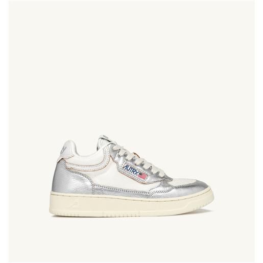 autry sneakers open mid in mesh bianco e pelle colore argento