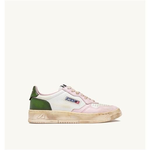 autry sneakers medalist low super vintage in pelle bianca, rosa e verde