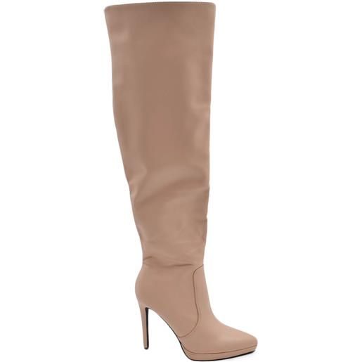 Malu Shoes stivali donna beige nude sopra al ginocchio pelle a punta con plateau sottile tacco a spillo 12 cm aderente