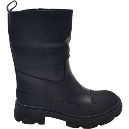 Malu Shoes stivaletti donna platform boots combat in pelle nera punta gommata impermeabile fondo alto zip alto al polpacci tendenza