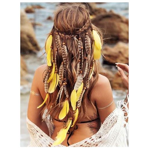 Zoestar fascia per capelli con piume bohémien, gialla, indiana, tribale, hippie, accessorio per capelli per donne e ragazze
