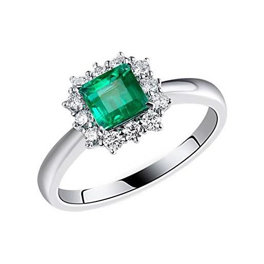 Epinki anelli donna oro bianco 750, anello smeraldo 0.6ct con diamante 0.2ct fiore regali donna compleanno misura 15