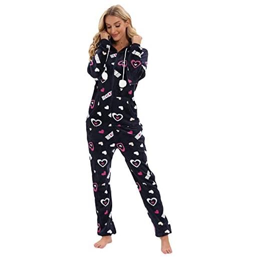 MJGkhiy pigiama donna intero invernale divertente con cappuccio pigiamone intero in pile tuta intera monopezzo manica lunga morbido abbigliamento da notte set pigiami lunghi sleepwear per tutte