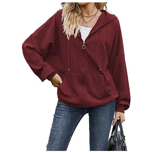 Yeenily donna felpa con cappuccio oversize con zip camicia maglia manica lunga classica hoodie pullover giacche tempo libero sport fitness fashion top(borgogna, l)