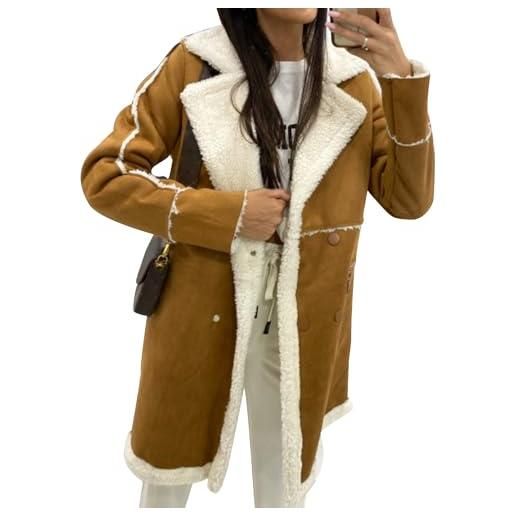 xHxttL giacca in shearling da donna cappotto in pelliccia sintetica cappotto con risvolto in pelle scamosciata finta giacca da motociclista lunga casual in lana d'agnello cappotto da aviatore a motore