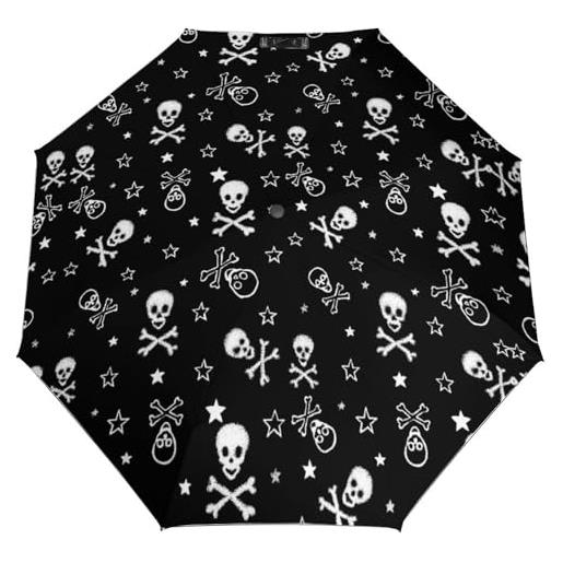 CZZYH ombrello compatto e antivento, apertura con un clic, grazioso ombrello peloso con teschio per uomini e donne, peloso carino cranio, taglia unica