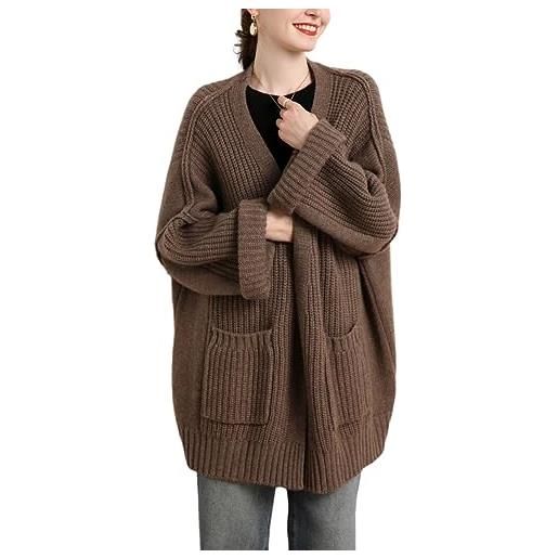 Valin mz2307 - cardigan da donna in cashmere con scollo a v, a maniche lunghe, in lana di cachemire, marrone, taglia unica