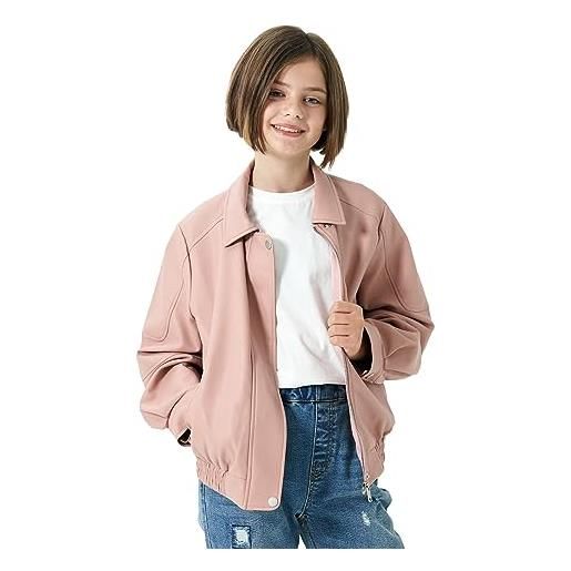 Rolanko giacca in pelle per bambina, cappotto da volo con cerniera per bambini 6-15 anni, rosa, taglia: 150