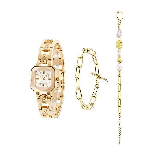 TIME100 set orologio bracciale da donna elegante orologio da donna in acciaio inossidabile color oro, collana bracciale decorati con cristalli(col. Oro)