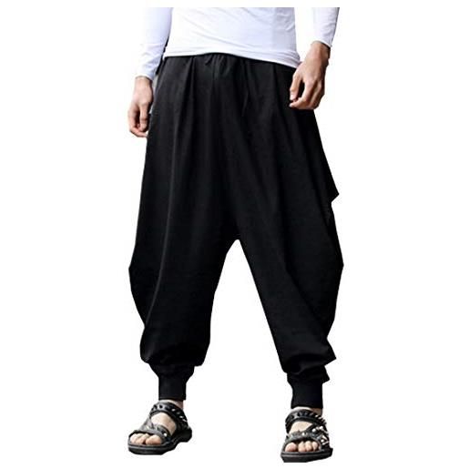 BITLIVE pantaloni da uomo in cotone e lino taglie forti elastico in vita casual alla caviglia, nero, taglia unica