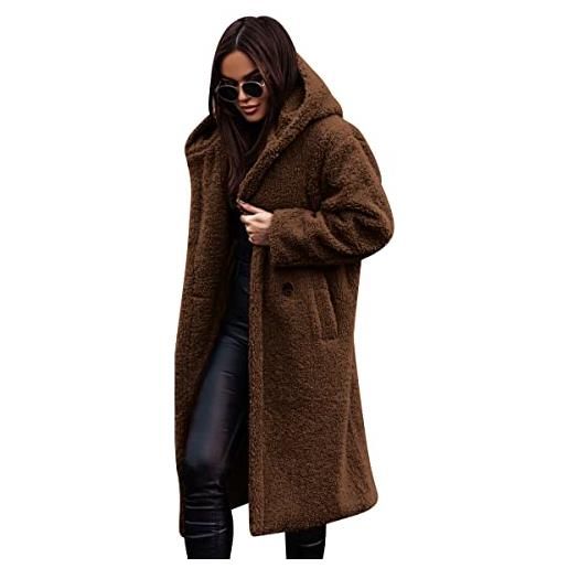 FYMNSI giacca invernale da donna in pile teddy cappotto lungo parka invernale calda imbottitura sherpa giacca con cappuccio con tasche, caffè rosso. , l