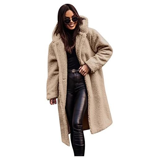 FYMNSI giacca invernale da donna in pile teddy cappotto lungo parka invernale calda imbottitura sherpa giacca con cappuccio con tasche, nero , s