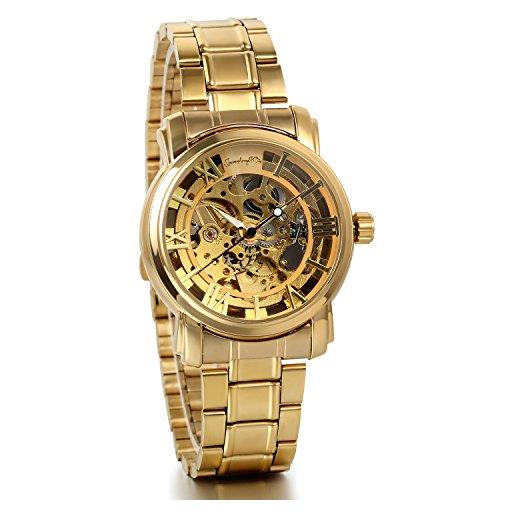 JewelryWe orologio da polso da uomo, stile business casual, meccanismo a vista, movimento al quarzo con cinturino in acciaio inox, colore oro