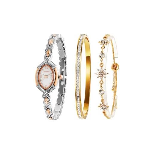 TIME100 set orologio bracciale da donna elegante orologio da donna in acciaio inossidabile bracciali decorati con cristalli regalo donna （col. Argento）