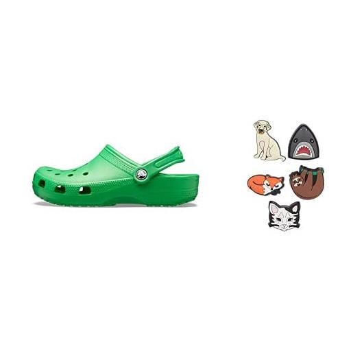 Crocs classic clogs (best sellers), zoccoli unisex-adulto, grass green, 49/50 eu + shoe charm 5-pack, decorazione di scarpe, animal lover