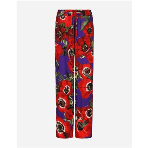 Dolce & Gabbana pantalone flare in charmeuse stampa fiore anemone