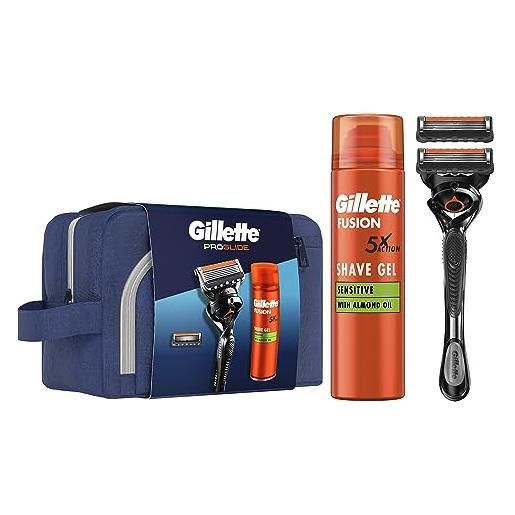 Gillette proglide fusion kit regalo, 2 lamette da barba + 1 manico, 1 schiuma da barba sensitive, 1 astuccio da viaggio, idea regalo uomo
