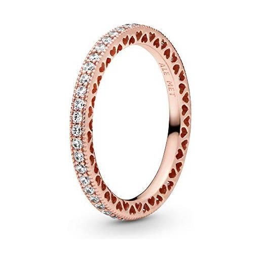 Pandora signature anello con cuori brillanti placcato in oro rosa 14 carati con zirconi cubici trasparenti, 50