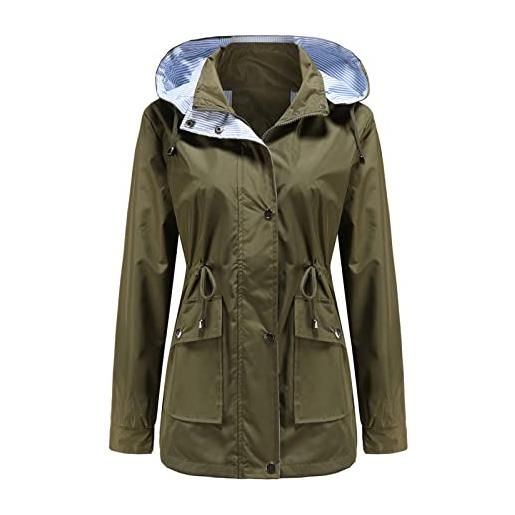 MODFUL giacca antipioggia a maniche lunghe da donna giacca a vento impermeabile con cappuccio leggero antivento cappotto esterno, verde oliva. , m