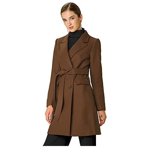 Allegra K - cappotto invernale da donna con doppio petto e cintura, marrone scuro. , 12