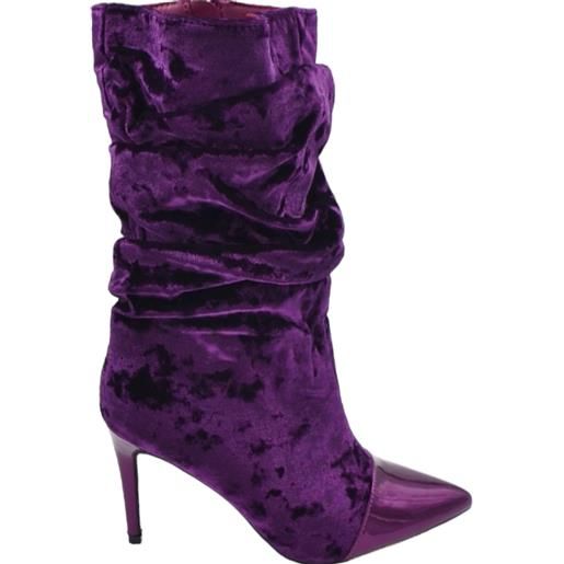 Malu Shoes tronchetto stivaletto viola donna in velluto arricciato punta lucida tacco a spillo 10 al polpaccio con zip