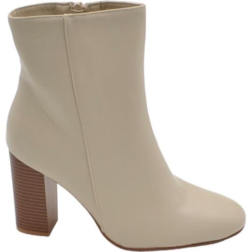 Malu Shoes scarpe tronchetto stivaletto donna con tacco alto largo in legno alla caviglia a punta beige zip laterale aderente