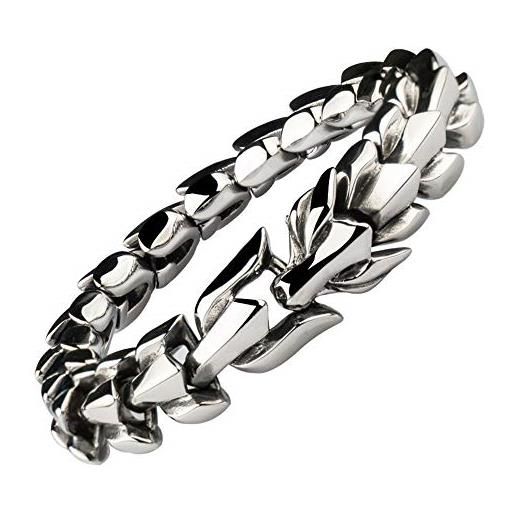 FORFOX bracciale drago cinese in acciaio al titanio per uomo gioielli in acciaio inossidabile 15mm 19cm, argento