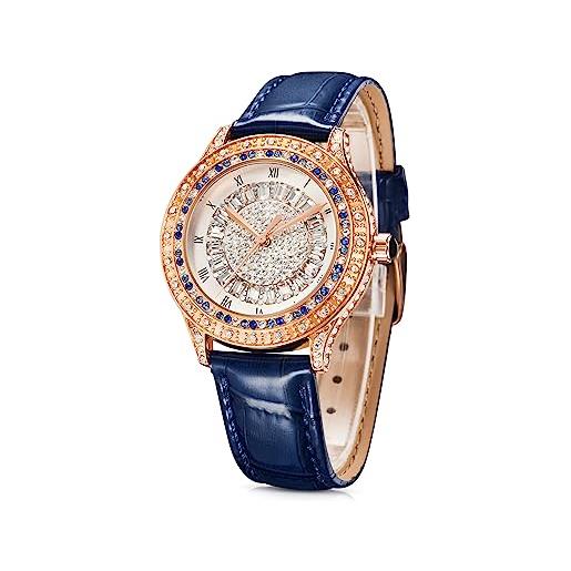 TIME100 orologio donna gioiello al quarzo analogico elegante lusso moda con quadrante diamanti cinturino in pelle vera impermeabile（oro&blu）