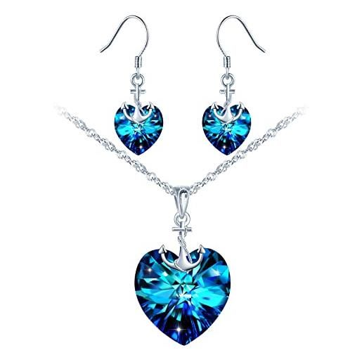 MICSAVI set di gioielli collana e orecchini ciondolo ancora con blu cuore cristalli set di gioielli cerimonia anniversario elegante parure gioielli argento 925 e zirconi