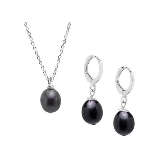 TreasureBay - set composto da collana con perle d'acqua dolce nere da 8 a 9 mm