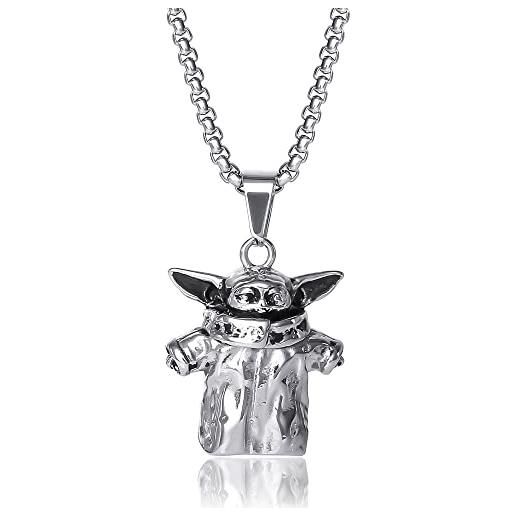 Disney star wars mandalorian the child men's stainless steel 3d pendant necklace, 22" box chain