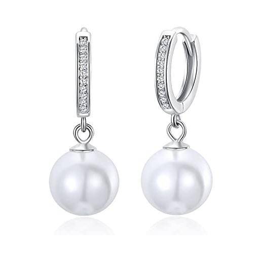 Candyfancy orecchini di perle in argento 925, pendenti con perle, in oro bianco e zirconi, orecchini pendenti in argento con perle da 10 mm, per donne e ragazze, zirconia cubica, zirconia cubica