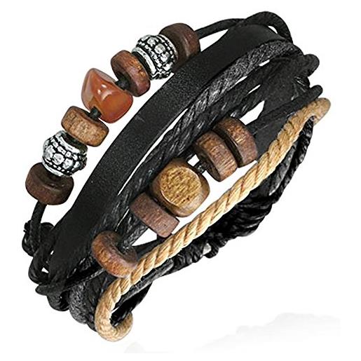 ZENSE - bracciale in pelle regolabile per uomo in legno e acciaio, nero grigio marrone e beige, simbolo karma zb0106-c
